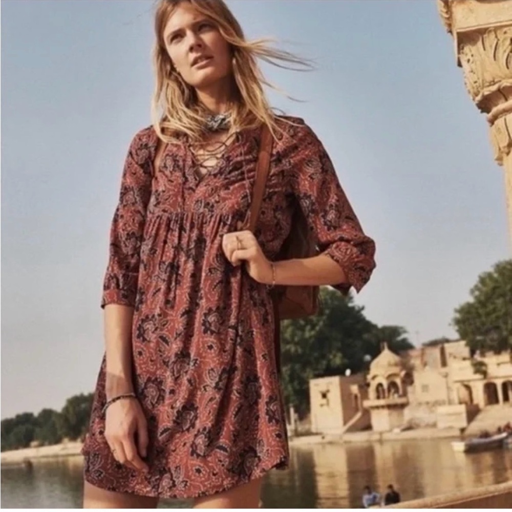 Madewell Assam floral silk lace up babydoll dress 100% silk M
